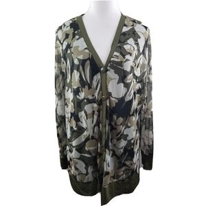 Chicos‎ 3 Camo Mesh Cardigan Womens XL Olive Green Camouflage Floral Lightweight